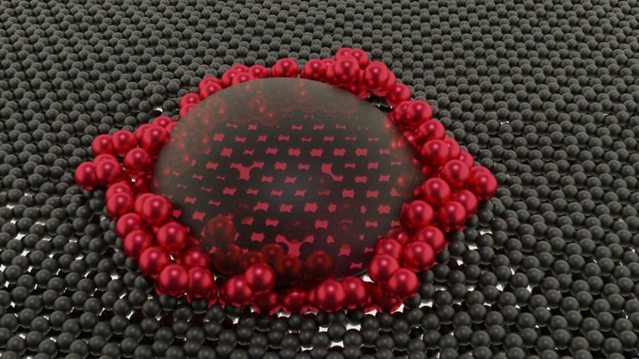 durch kohlenstofffehlstellen defekte auf dem graphentraeger verharren atome an fixen stellen und bilden eine art kreisfoermigen zaun um das fluessige metall